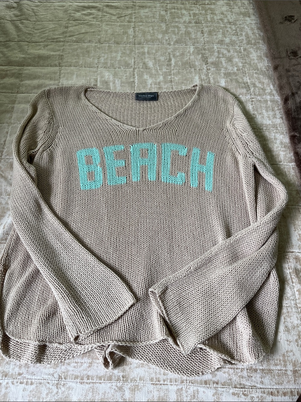 Wooden Ships Beige V-Neck Sweater with Mint "BEACH" Lettering size S/M